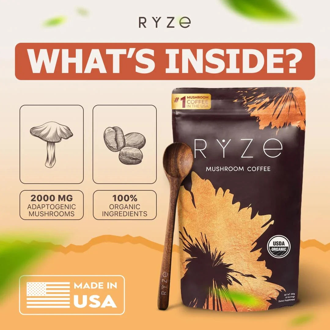 RYZE Mushroom Coffee package with branding and product details on a light background