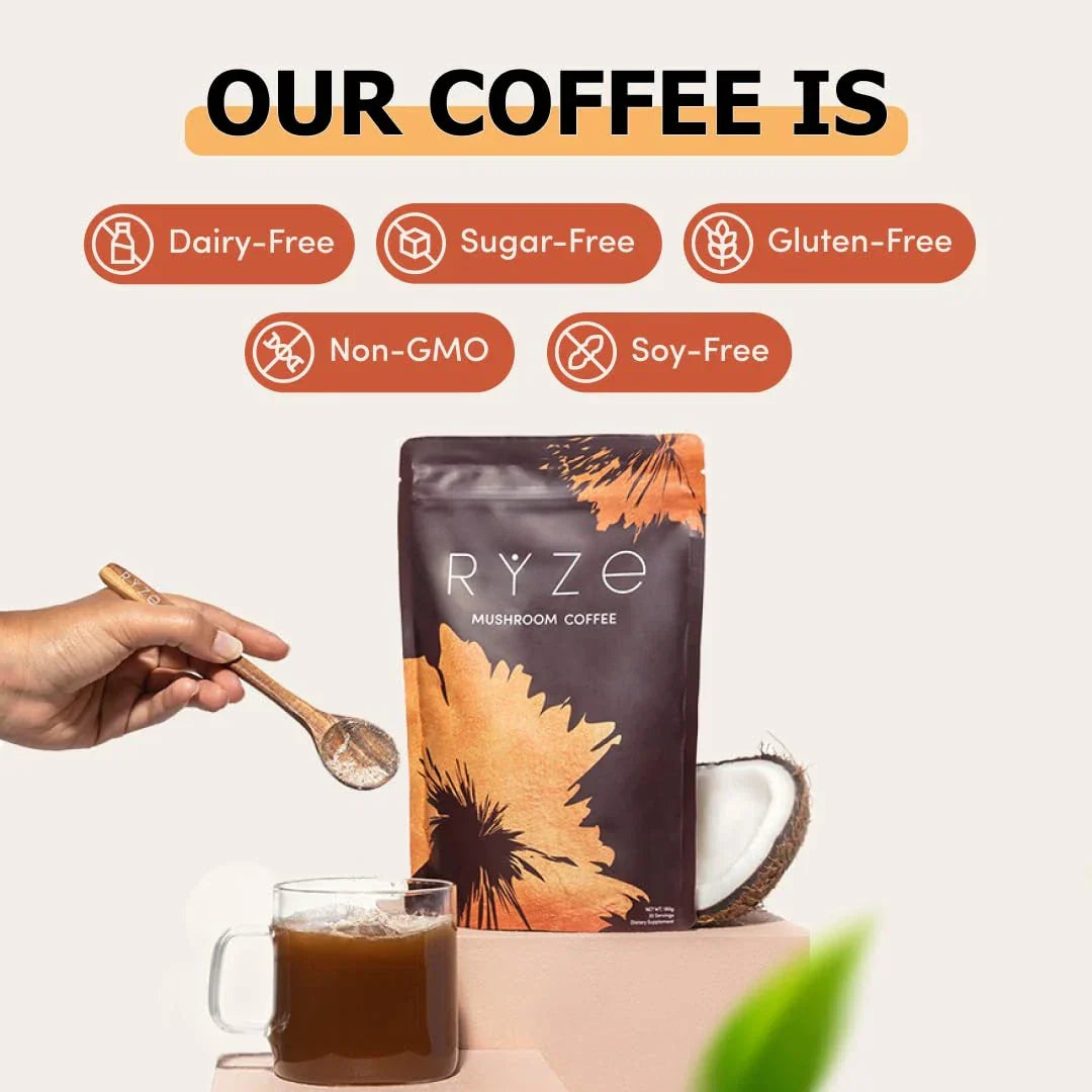 Rye Mushroom Coffee package with a hand holding a spoon and a cup of coffee, featuring free-from labels.