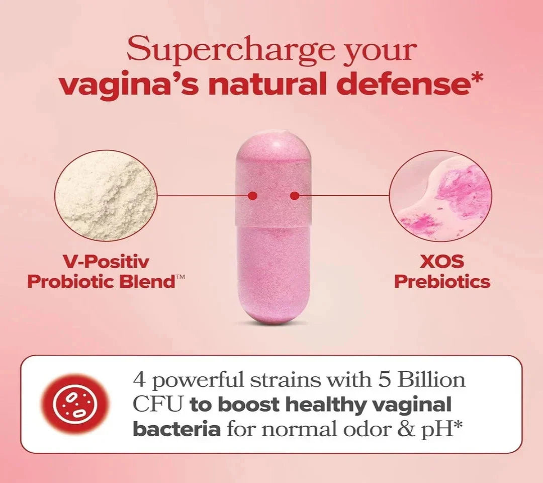 Pink probiotic capsule with text on a pink background