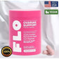 Pink supplement container labeled 'FLO Ovarian Support' with branding and certification logos on a white background.