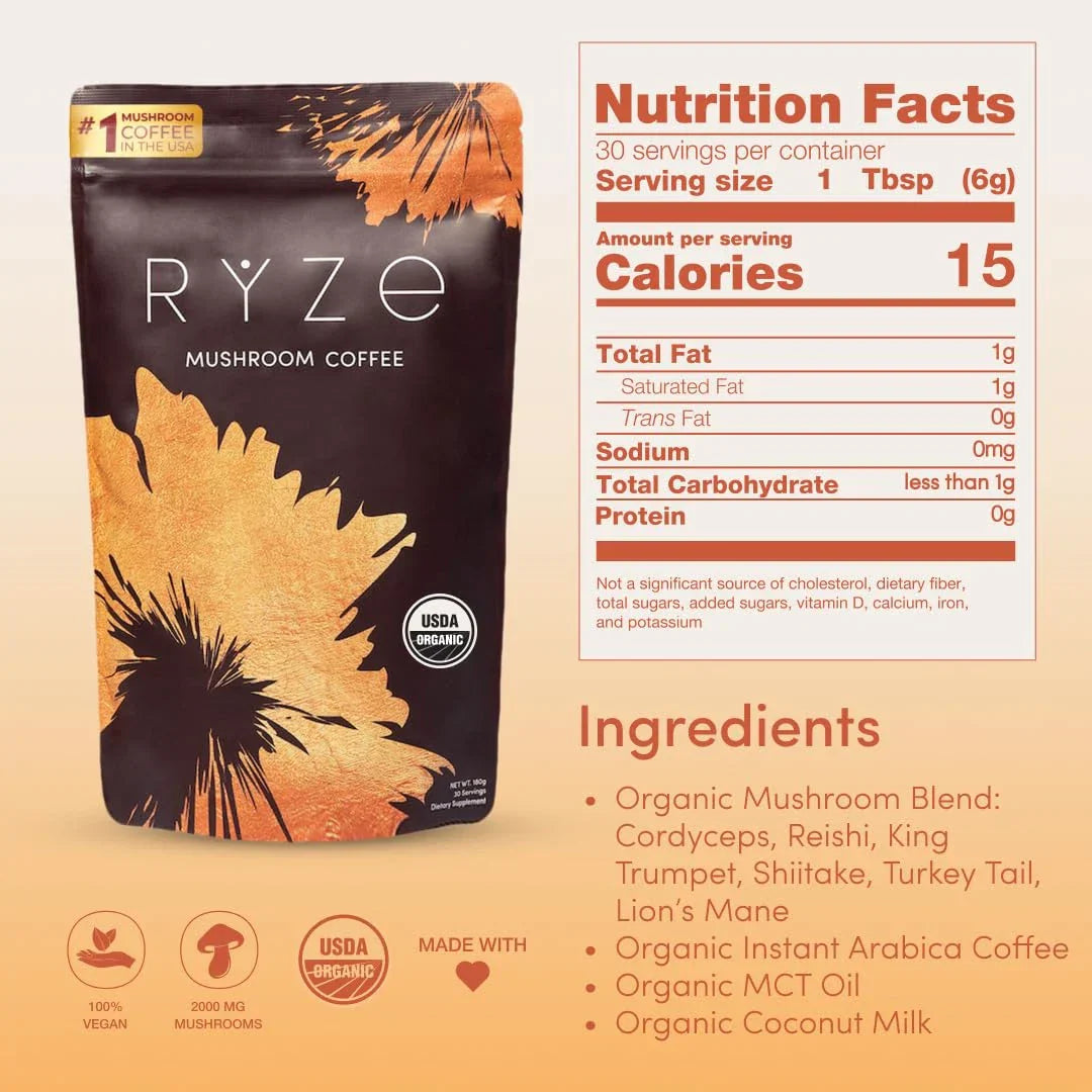 Rye Mushroom Coffee package with nutrition facts and ingredients listed on a beige background