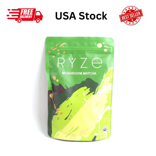 Green package of RYZé Mushroom Matcha with branding and promotional text on a white background