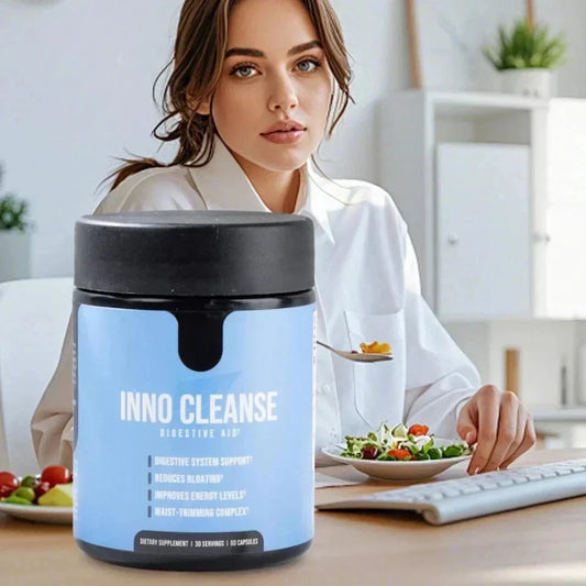 Woman sitting at a desk with a 'INNO CLEANSE' supplement container in front of her.