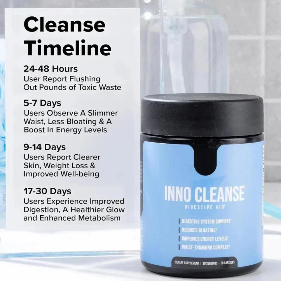 Inno Cleanse supplement container with cleanse timeline text on a white background