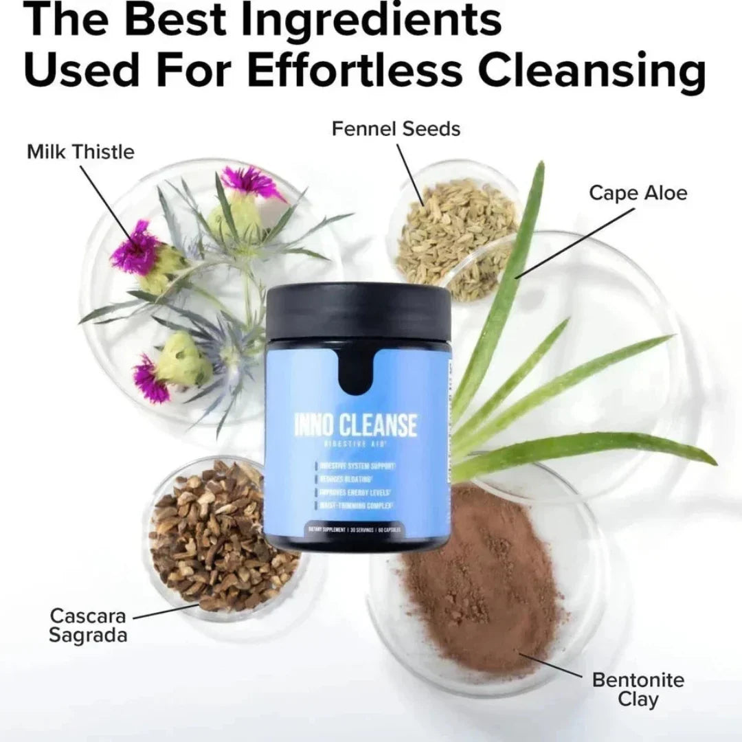 Product container labeled 'Body Cleanse' surrounded by ingredients like milk thistle, fennel seeds, cape aloe, cascara sagrada, and bentonite clay.