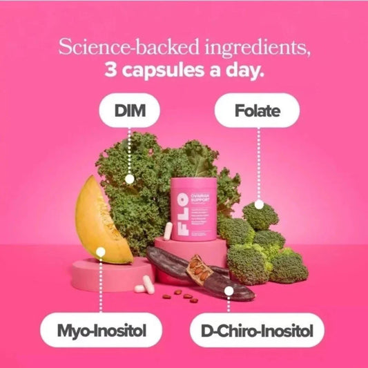 Product with ingredients labeled on a pink background
