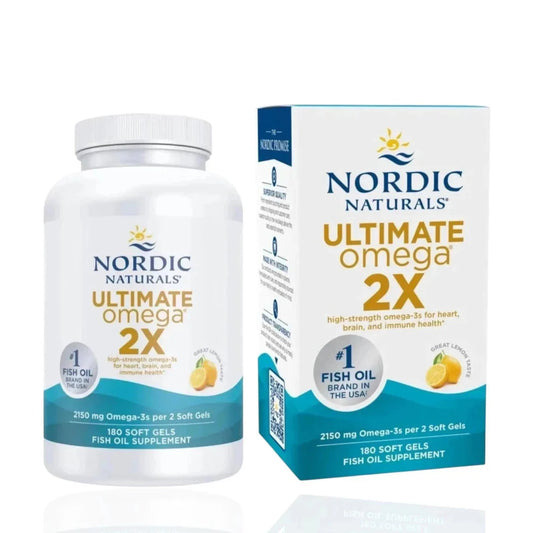 Nordic Naturals Ultimate Omega 2X supplement bottle and packaging on a white background with 'SALE' banner.