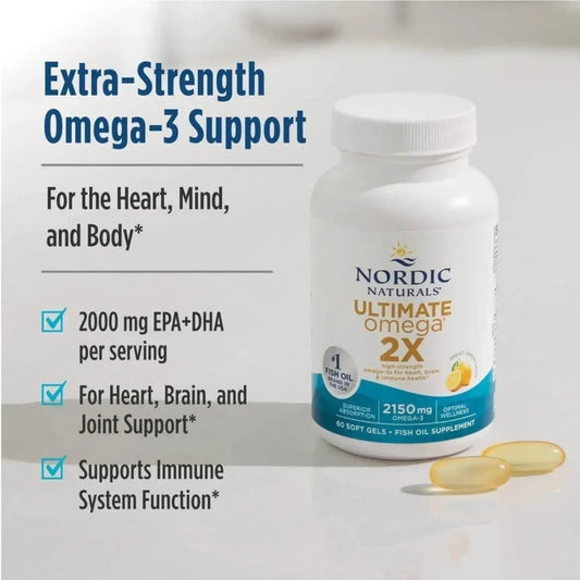 Nordic Naturals Ultimate Omega 2X supplement bottle with text on benefits