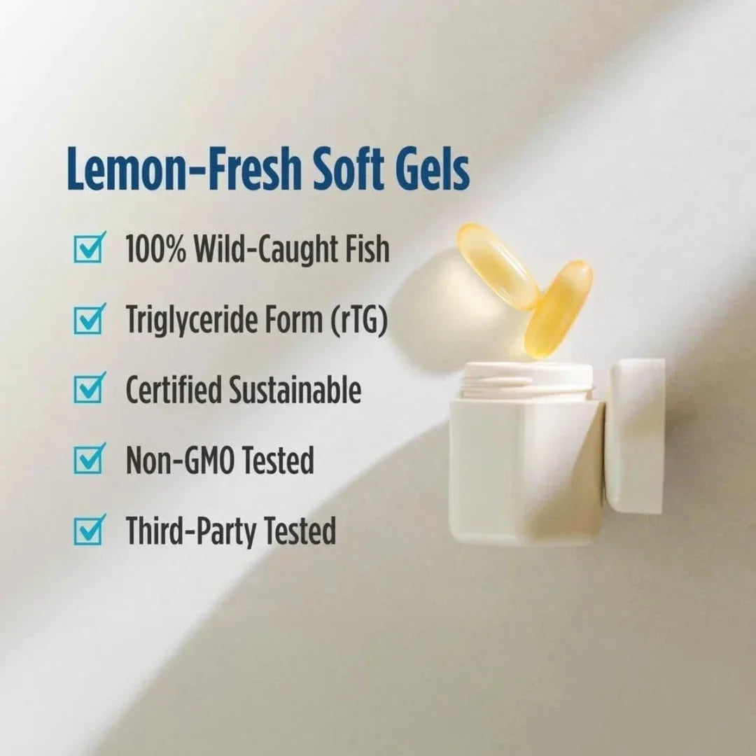 Lemon-fresh soft gels with certification details on a white background