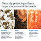 Advertisement for naturally potent ingredients targeting acne causes with images of Holy Basil, Maca, and Sicilian Orange.