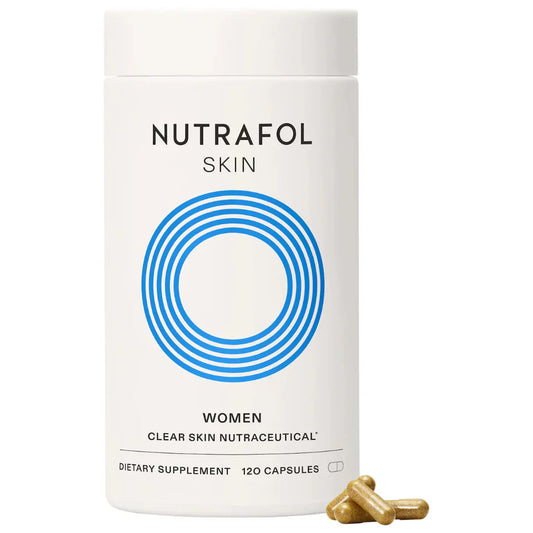 Nutrafol skin supplement container with capsules on a white background